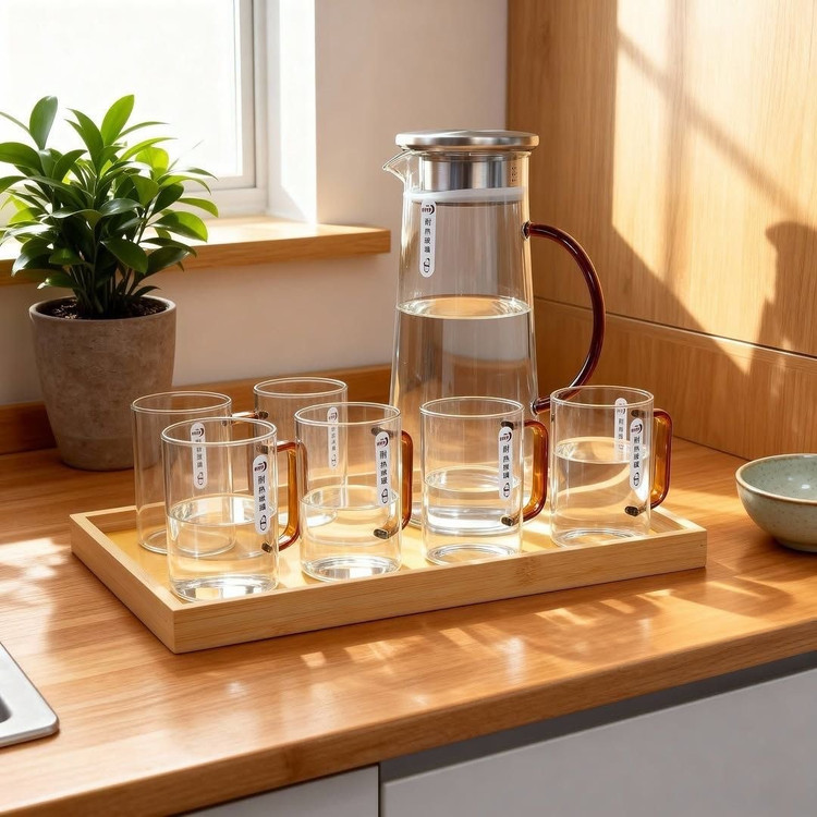 پارچ و لیوان سینی دار هشت پارچه پیرکس محصول وارداتی Deli Glass