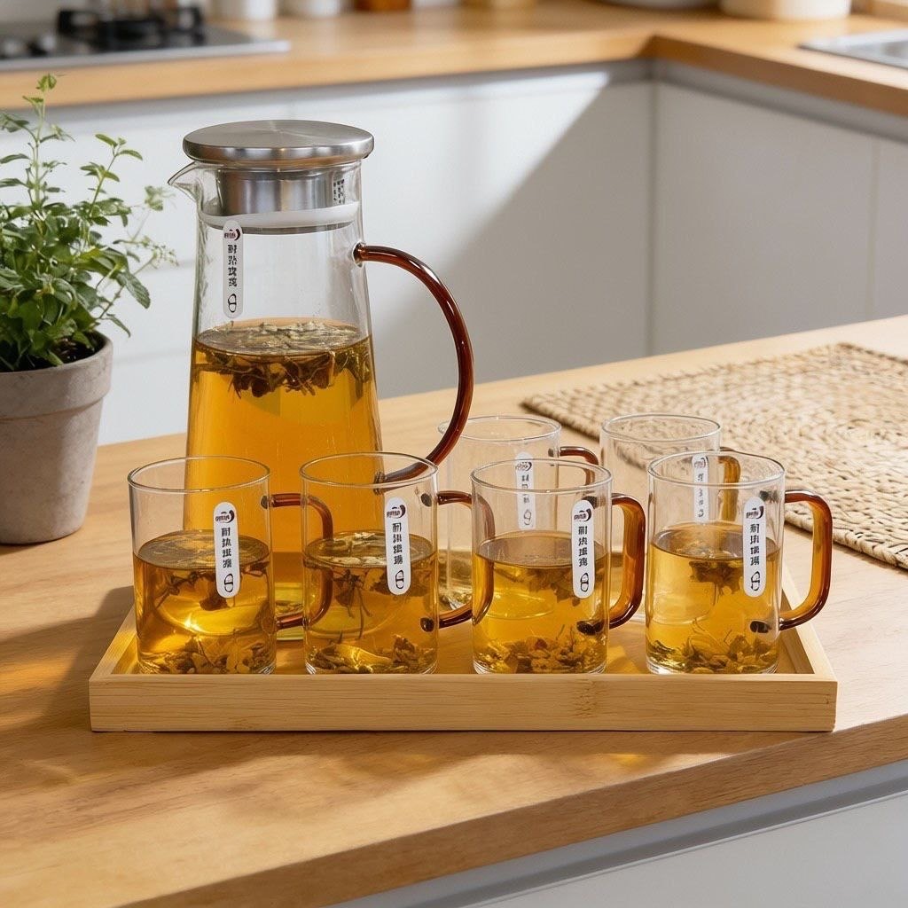 پارچ و لیوان سینی دار هشت پارچه پیرکس محصول وارداتی Deli Glass