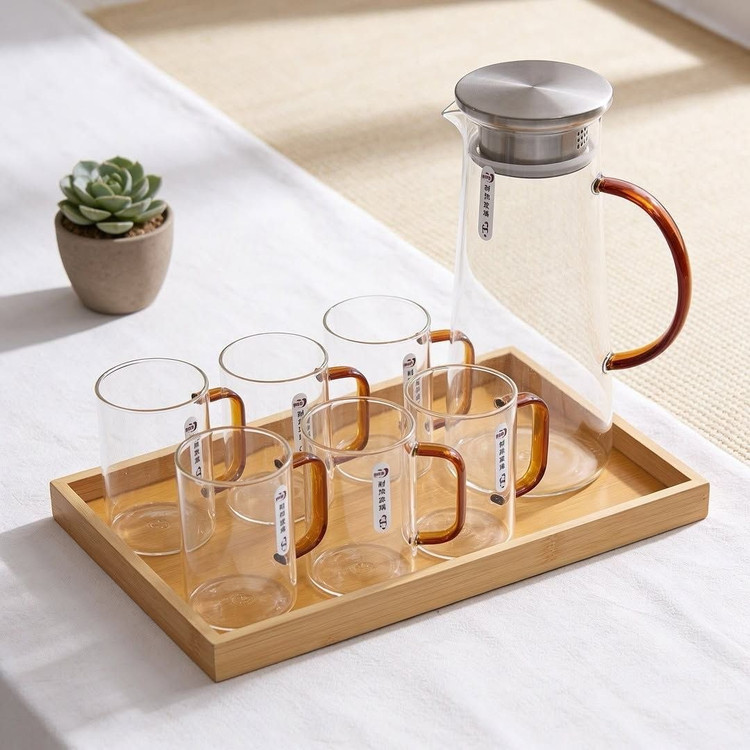 پارچ و لیوان سینی دار هشت پارچه پیرکس محصول وارداتی Deli Glass