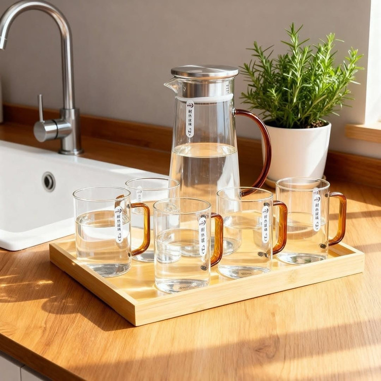 پارچ و لیوان سینی دار هشت پارچه پیرکس محصول وارداتی Deli Glass